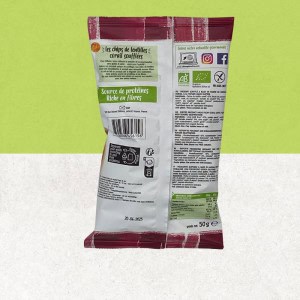 Verso sachet de chips de lentilles sans gluten et bio à la tomate - Céliane