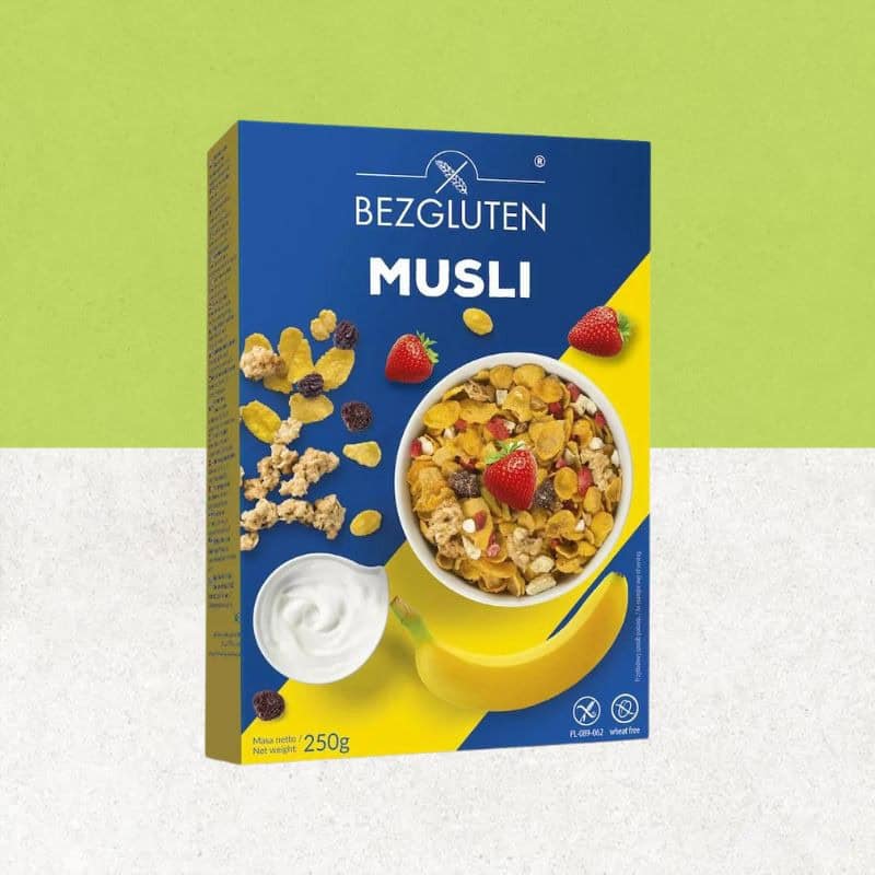 Paquet de muesli sans gluten de raisins secs, framboises, banane - Bezgluten