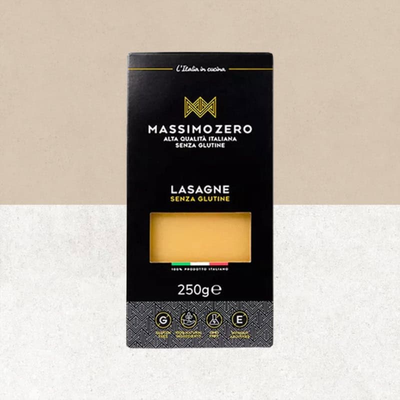 Paquet de lasagnes à base de farine de riz et maïs sans gluten de chez Massimozero. Poids 250g