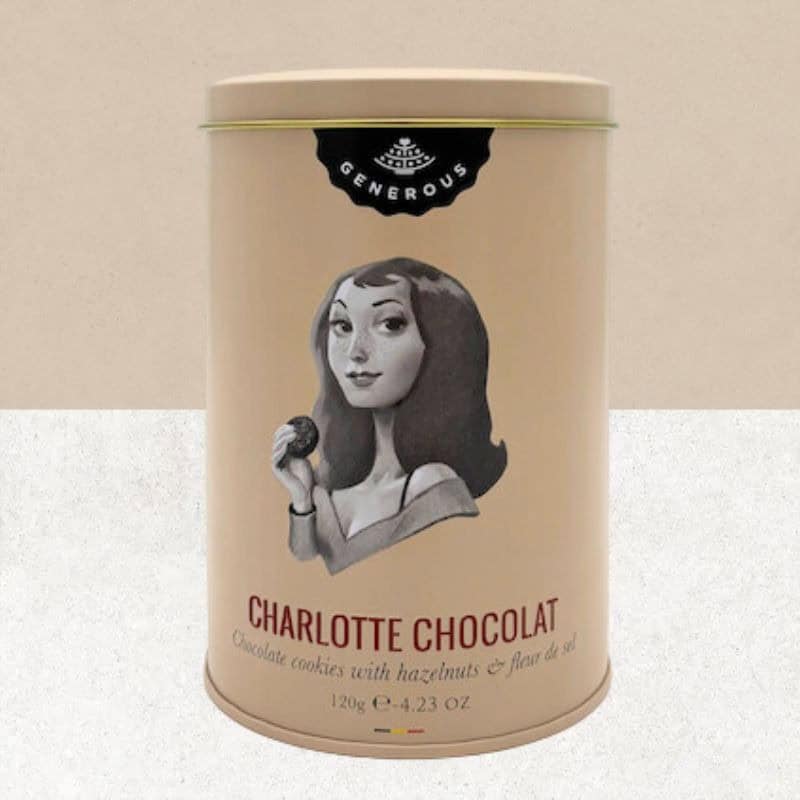 Boite en métal de cookies au chocolat, noisettes et fleur de sel sans gluten Charlotte Chocolat de chez Generous