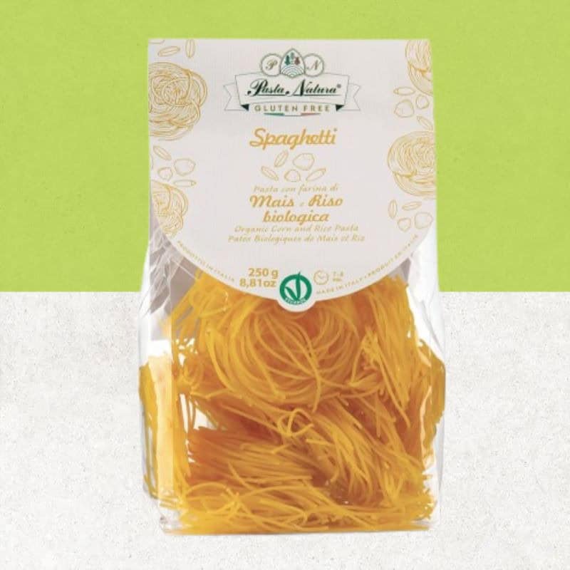 Sachet de pâtes Spaghetti à base de farine de maïs et de riz sans gluten de chez Pasta Natura