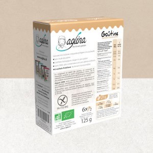 Verso du paquet de Goutine cacahuètes bio et sans gluten de chez Aglina