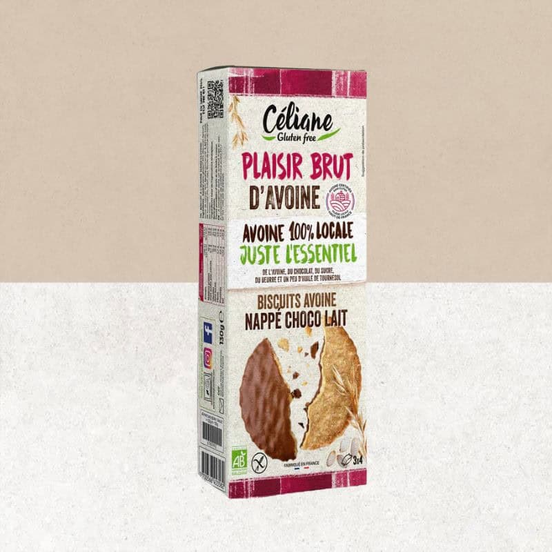 Paquet de biscuits avoine bio nappé chocolat lait sans gluten 100% local - Céliane